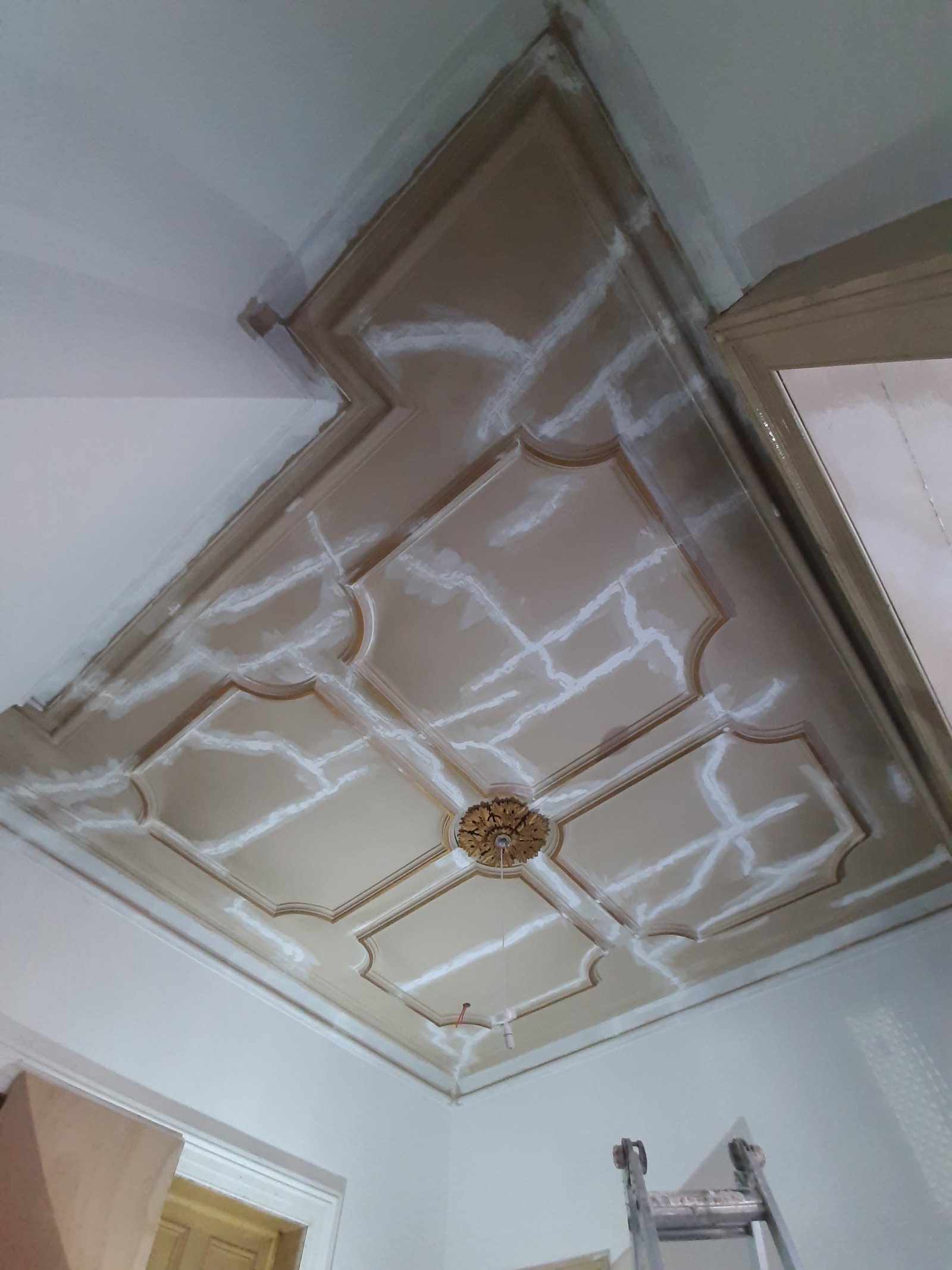Ceiling panelling prepped and filled before painting